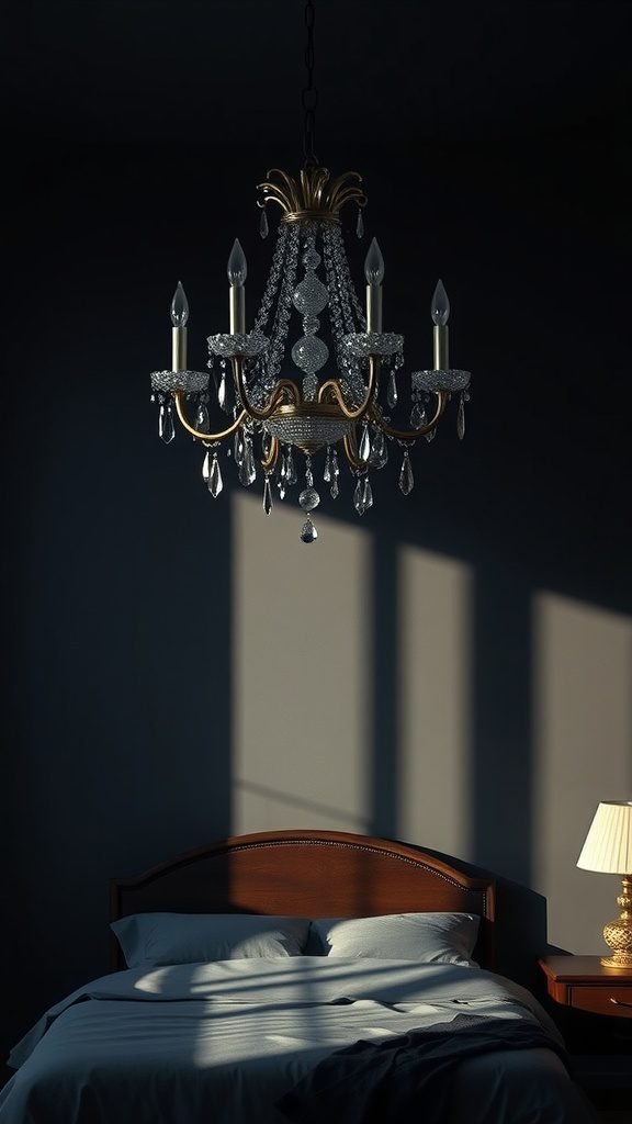 A dark feminine bedroom featuring a crystal chandelier and a lamp, showcasing elegant lighting.