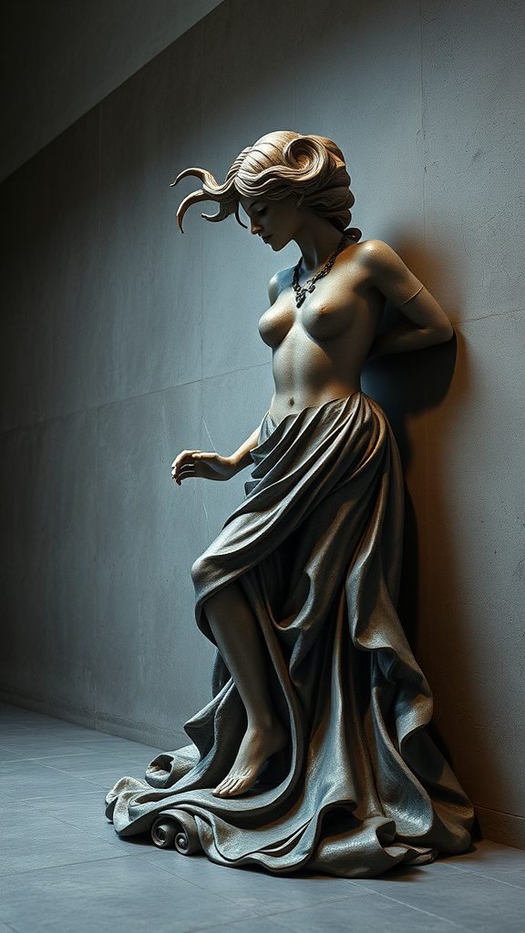A graceful sculpture of a woman in a dark setting, embodying elegance and artistry.