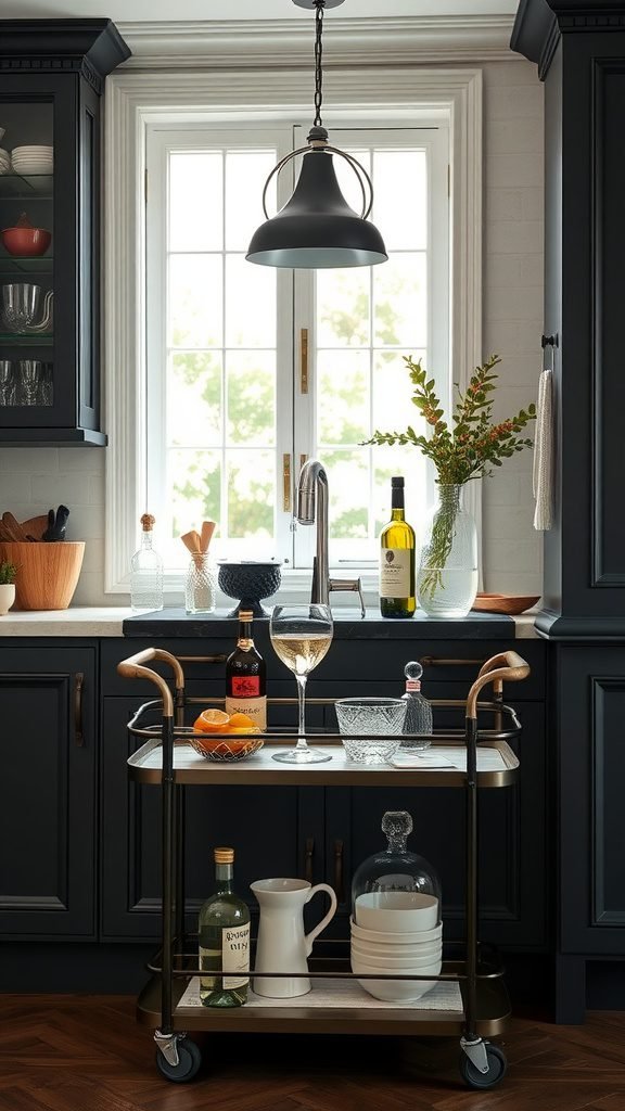 A stylish bar cart in a black and white elegant kitchen, featuring bottles of wine and spirits, glassware, and fresh oranges.