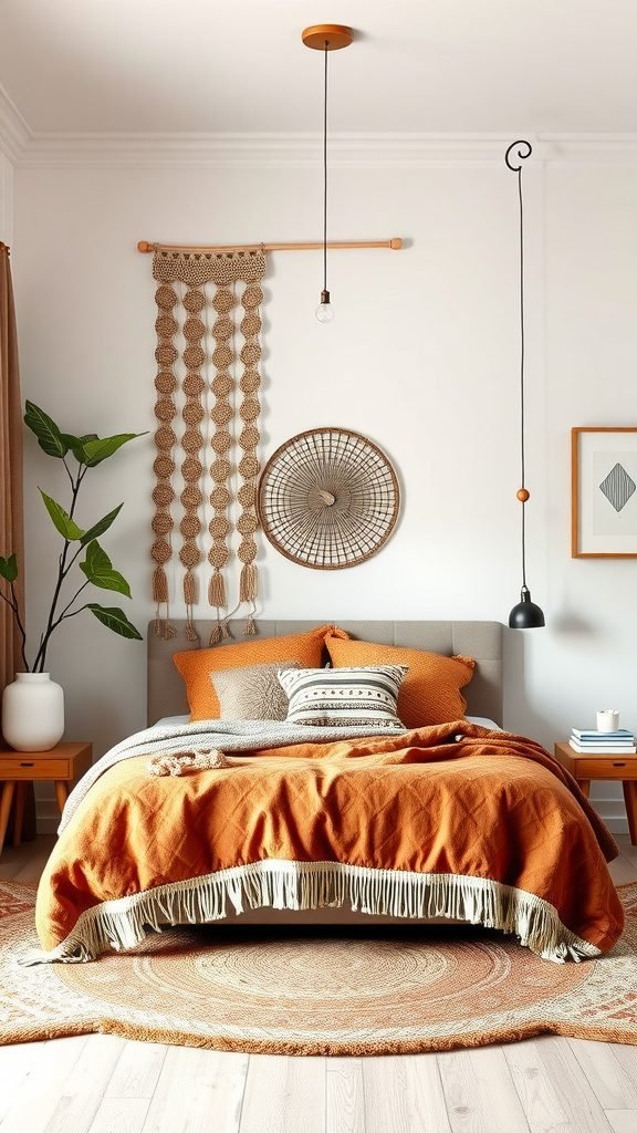 Stylish boho bedroom with a cozy bed, warm colors, and decorative wall elements.