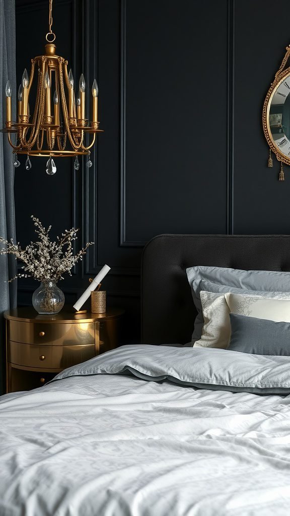 A dark feminine bedroom featuring a gold chandelier, dark walls, and soft gray bedding.