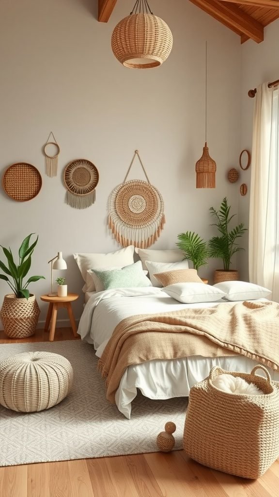 A dreamy boho bedroom featuring natural materials, cozy textiles, and plants.