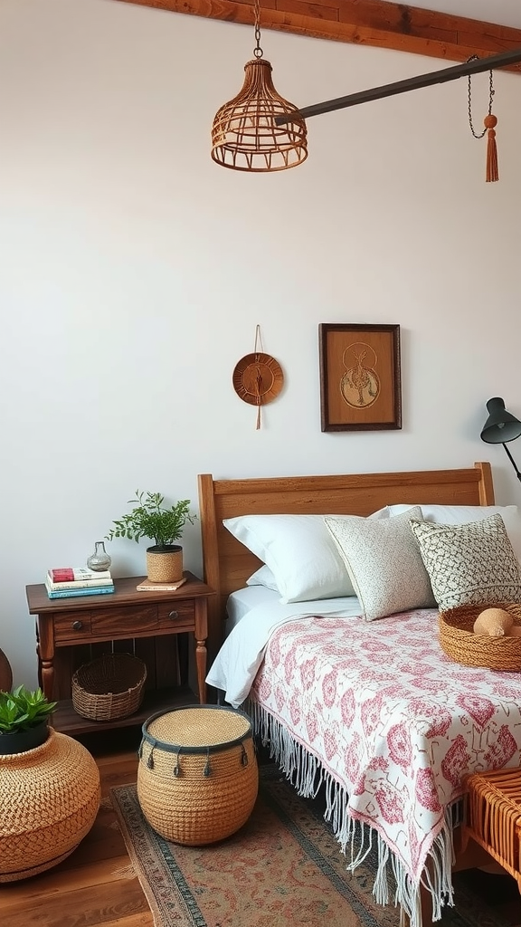 An eclectic boho bedroom featuring sustainable and upcycled decor, with a wooden bed, woven baskets, and natural light.