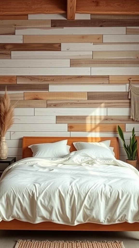 A cozy bedroom with a textured wood wall, featuring a bed with white bedding and a potted plant.