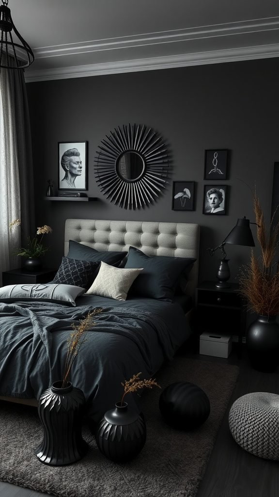 A dark feminine bedroom featuring black walls, a plush bed with teal and charcoal linens, and artistic decorations.