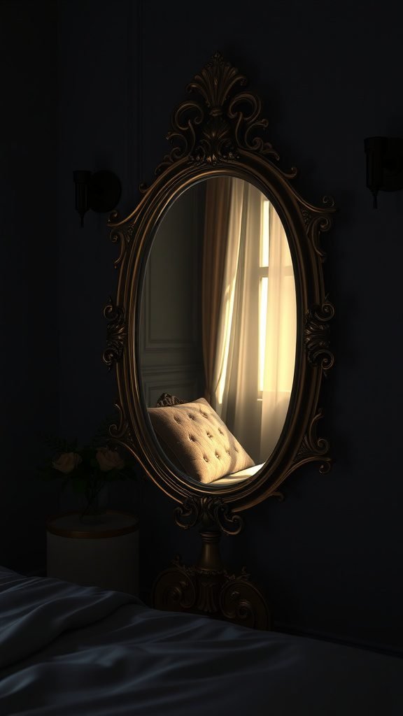 An ornate vintage mirror reflecting soft light in a dark feminine bedroom