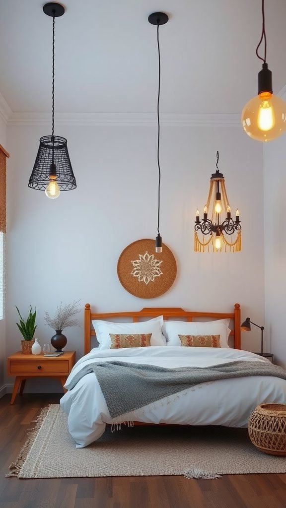 A dreamy boho bedroom featuring unique light fixtures including a black wire basket light, a chandelier, and a round pendant light.