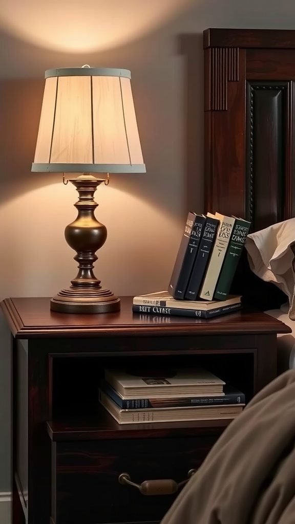 A stylish dark feminine bedroom nightstand featuring a traditional lamp and stacked books.
