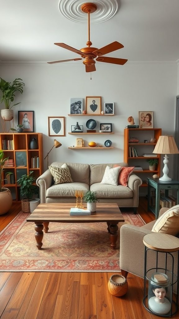A cozy goblincore living room featuring upcycled furniture and eclectic decor.