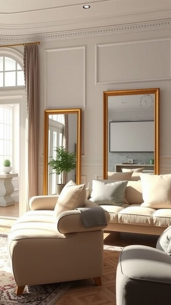 A bright coastal living room featuring mirrors that reflect light.