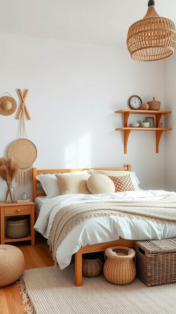 A cozy boho bedroom featuring a wooden bed, soft bedding, woven decor, and creative storage solutions.