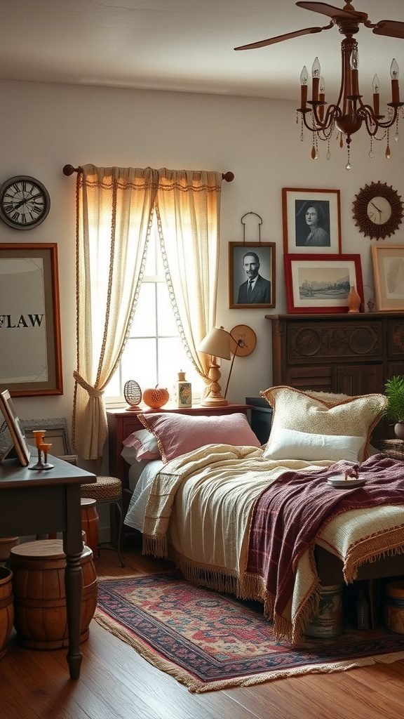 A cozy and vintage-inspired bedroom with a mix of decorative accessories, framed photos, and soft textiles.