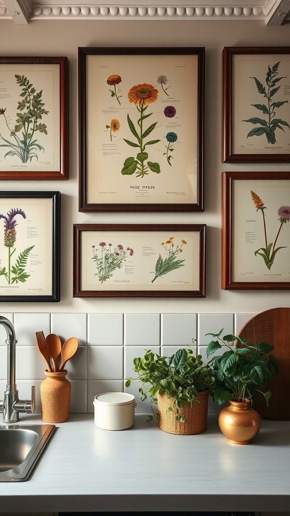 A kitchen wall adorned with vintage botanical prints, featuring herbs and flowers framed in wooden frames, with potted plants on the counter.