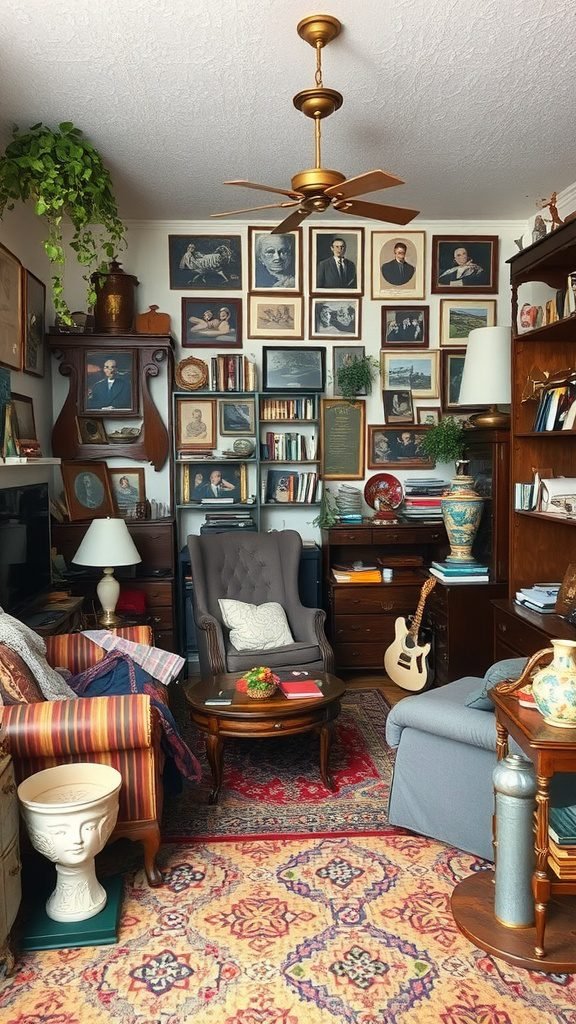 A cozy living room filled with vintage decor, including framed portraits, bookshelves, and comfortable armchairs.