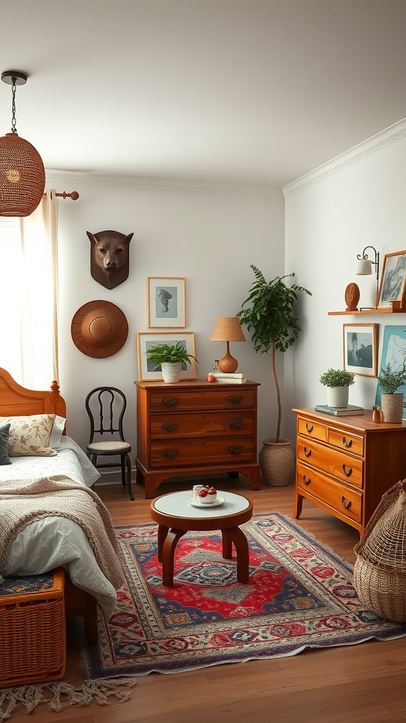 A cozy eclectic boho bedroom featuring vintage furniture and decor.