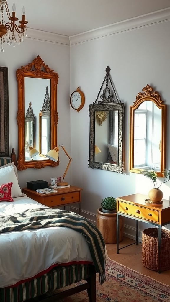 A cozy eclectic boho bedroom featuring vintage mirrors, warm wooden accents, and layered bedding.