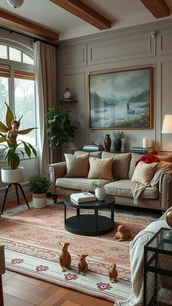 Cozy living room featuring whimsical creature figures on the floor, surrounded by plants and soft furnishings.