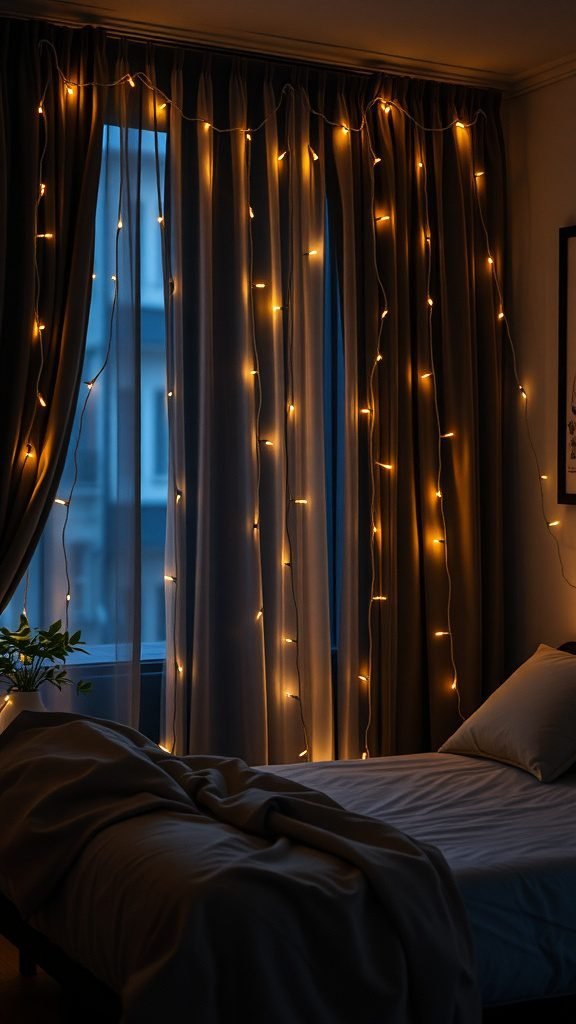 A dark feminine bedroom featuring warm fairy lights draped over curtains, creating a cozy atmosphere.