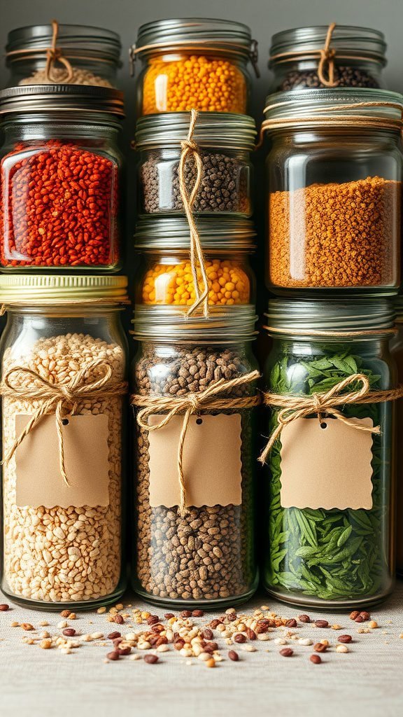 A collection of glass jars filled with colorful ingredients, neatly labeled with tags and tied with string.