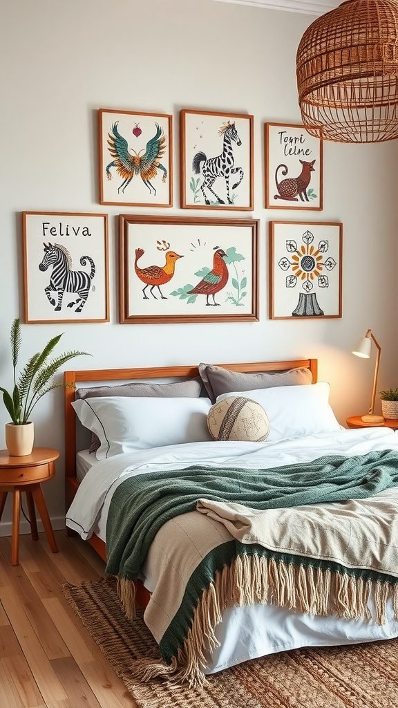 Whimsical wall art in a dreamy boho bedroom featuring colorful animal illustrations.