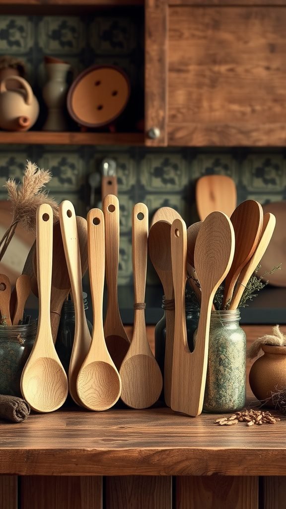 A collection of wooden utensils displayed in jars on a wooden countertop, highlighting the goblincore kitchen theme.