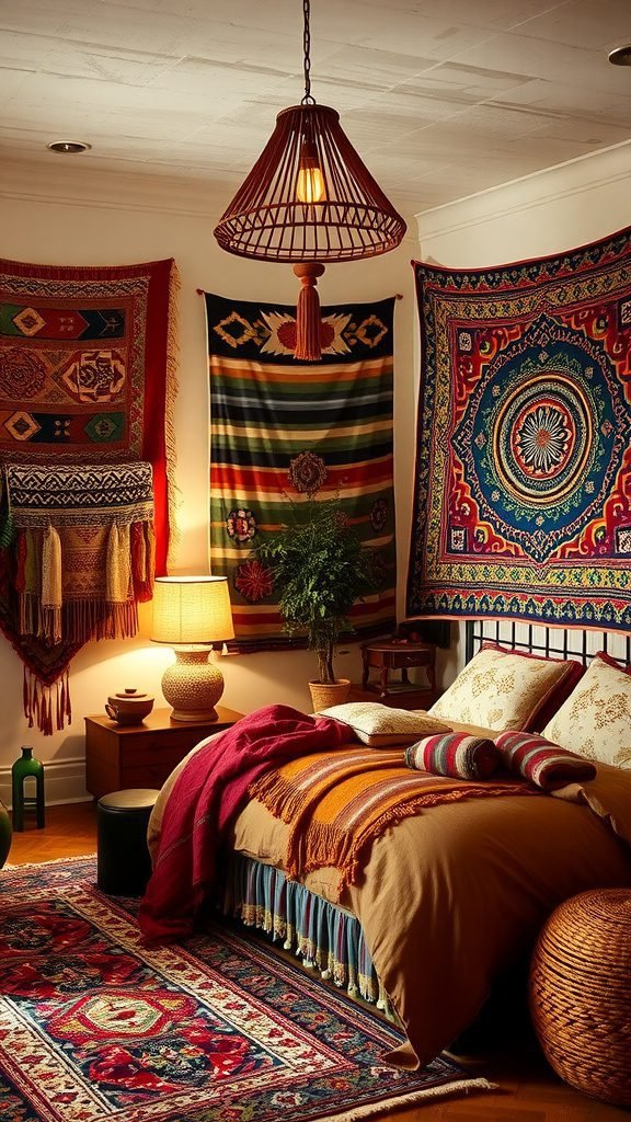 A cozy boho bedroom with woven textiles and colorful tapestries adorning the walls