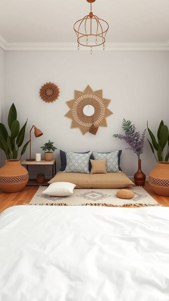 A cozy and serene boho bedroom setting with plants, woven decor, and soft pillows.