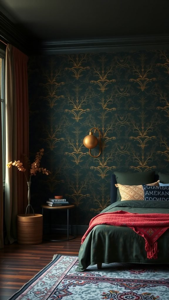 A dark boho bedroom featuring an accent wall with green wallpaper and gold floral patterns.