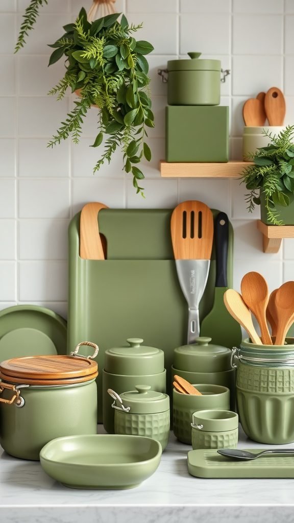 35 Stunning Olive Green Kitchen Ideas for a Stylish Makeover A collection of olive green kitchen accessories including pots, utensils, and plants.
