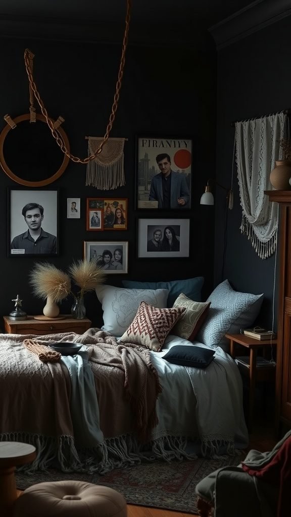A dark boho bedroom with personal mementos, including framed photos and decorative items.