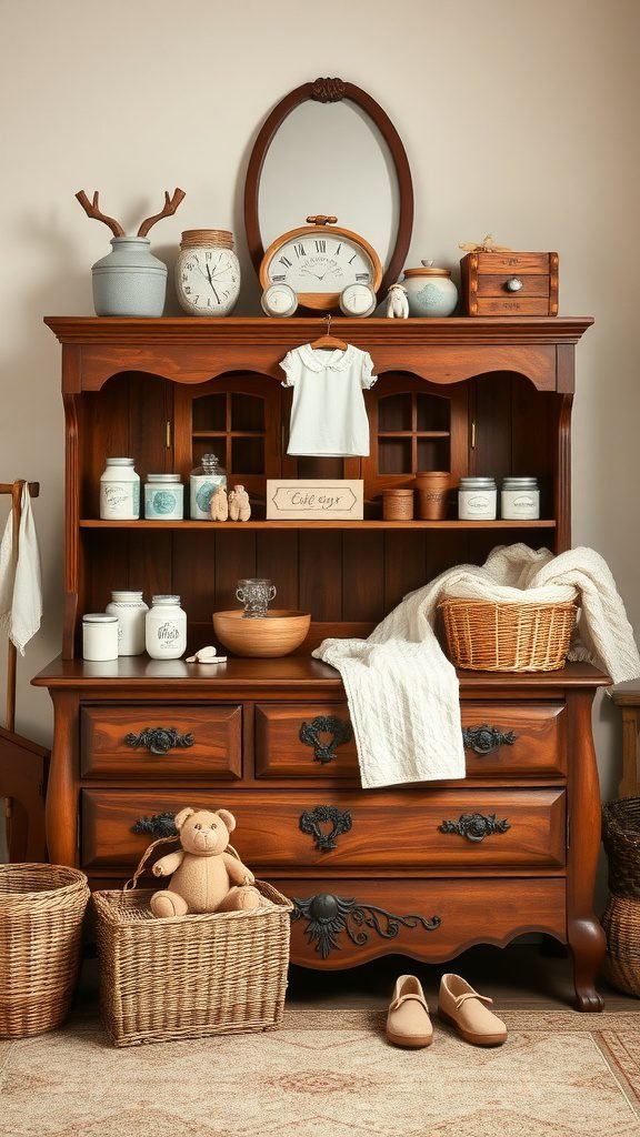 An antique dresser with a rich finish, adorned with baby items and decorative accents.