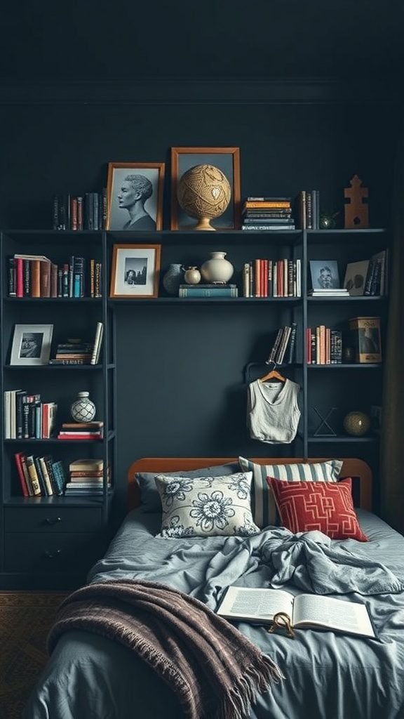 A dark boho bedroom featuring artfully arranged shelves with books, decorative items, and framed photos.