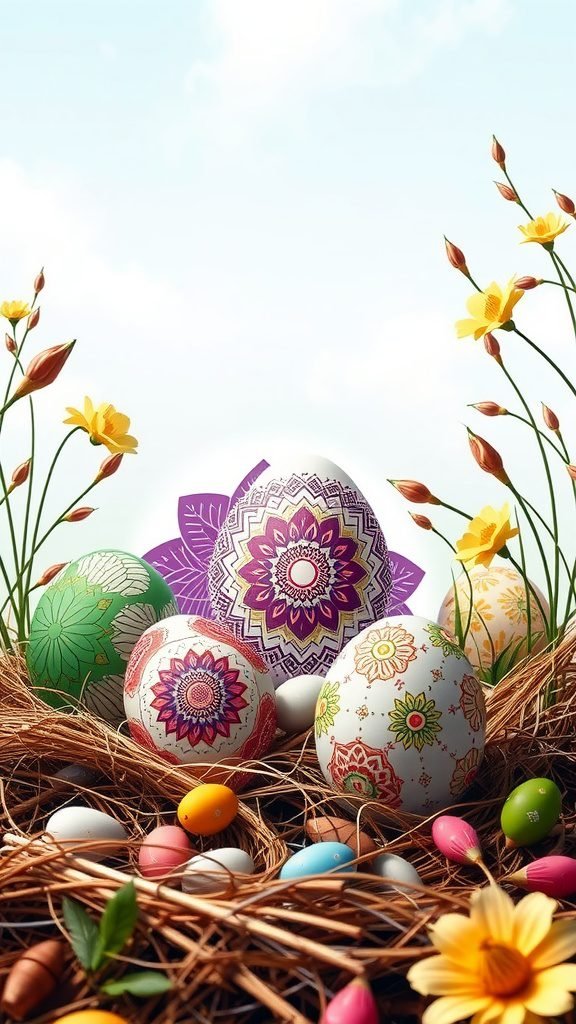 Colorful decorated eggs with mandala designs surrounded by flowers and small eggs on a light background