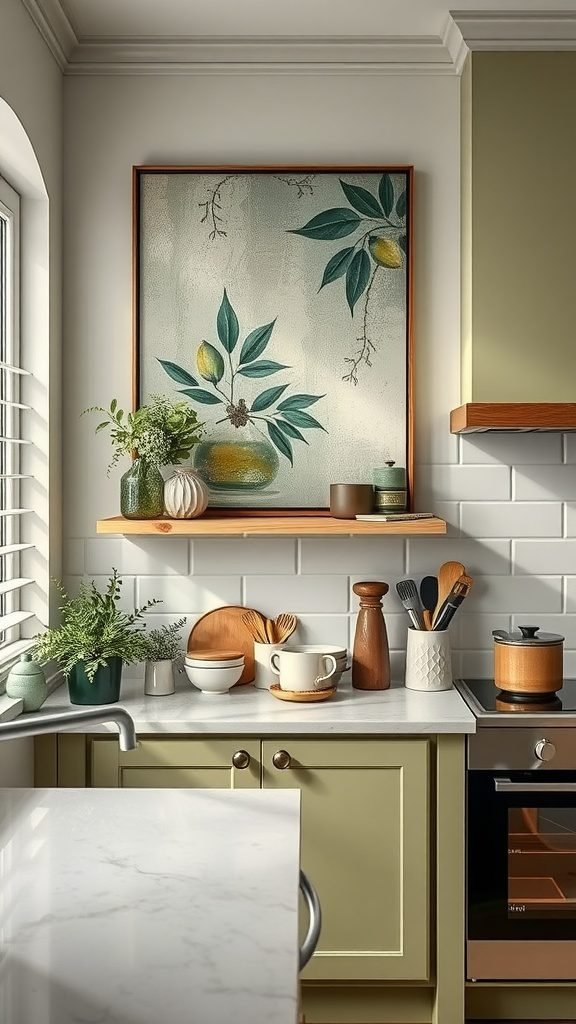 35 Stunning Olive Green Kitchen Ideas for a Stylish Makeover A cozy olive green kitchen with a framed painting and decorative items on the counter.