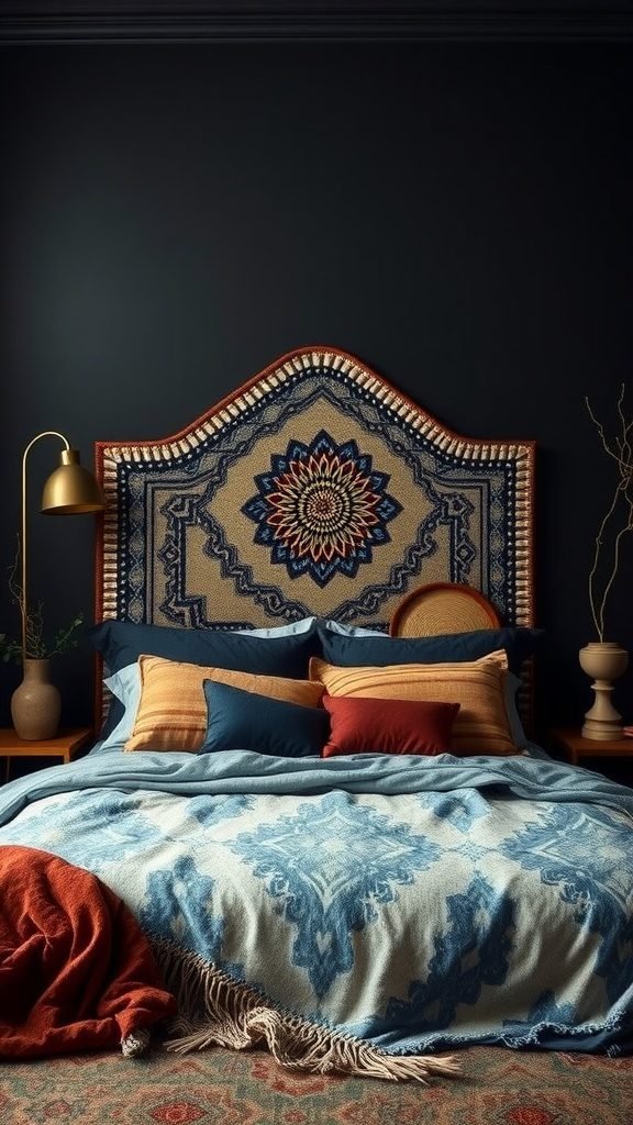 A dark boho bedroom featuring an intricate tapestry headboard, layered pillows, and a sleek lamp.