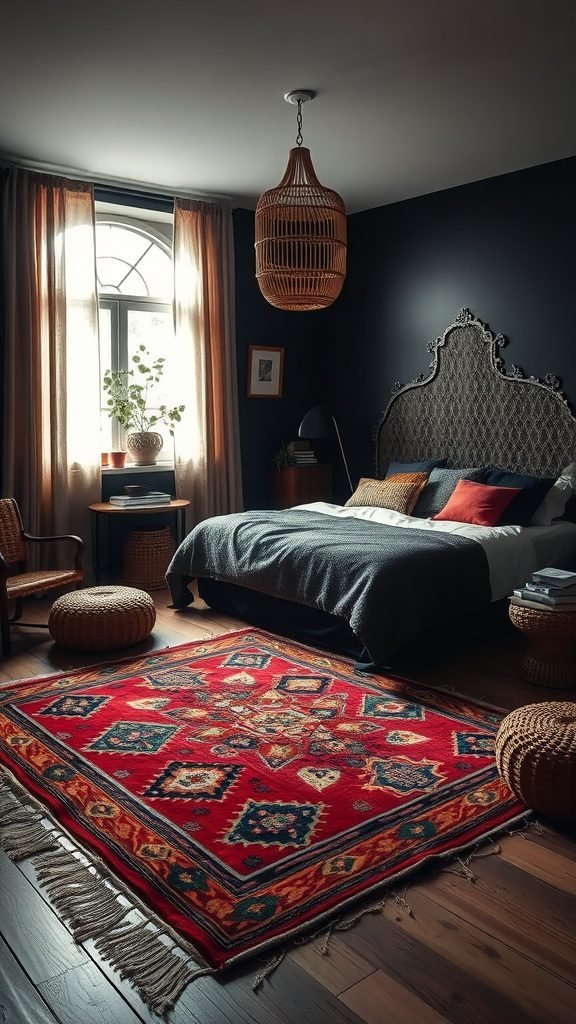 Cozy dark boho bedroom with an authentic Moroccan rug in vibrant red, surrounded by warm lighting and textured furnishings.