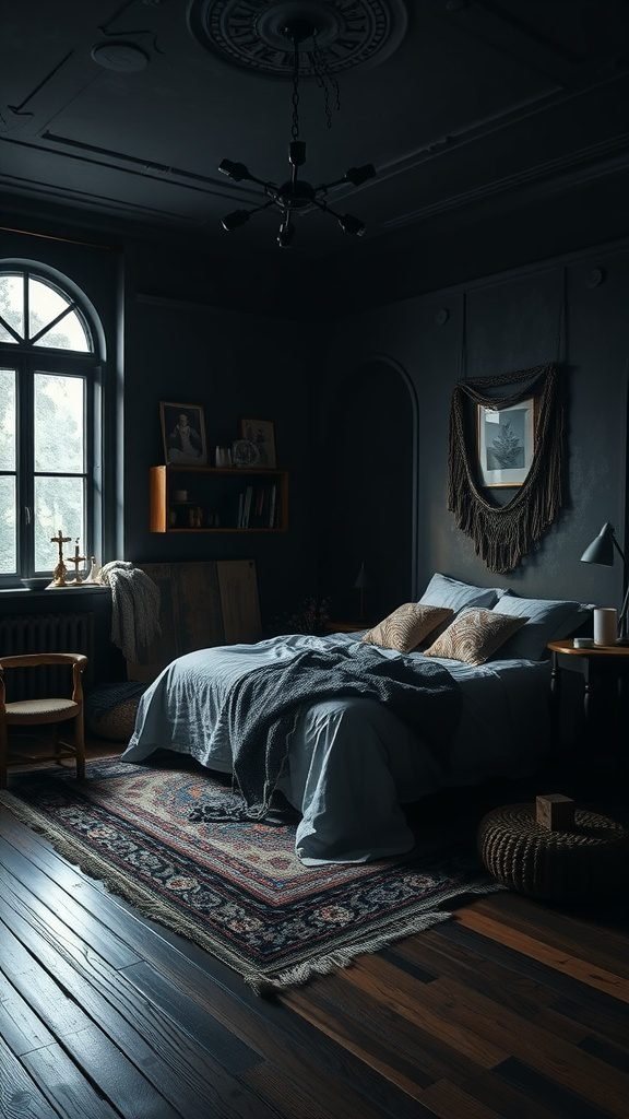 A dark boho bedroom featuring deep walls, natural light, a cozy bed, and stylish decor.