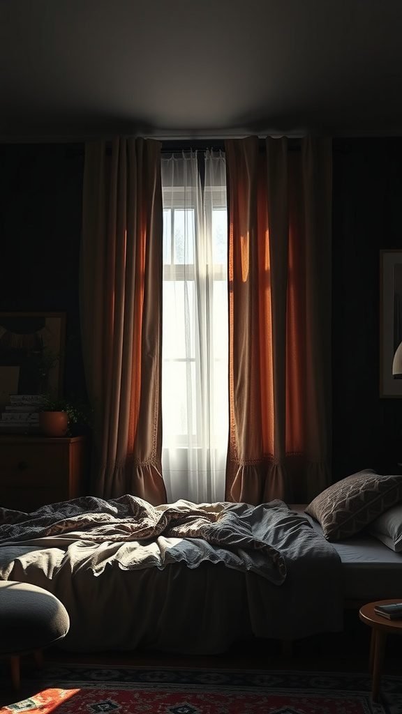 A dark bohemian bedroom with warm-toned curtains, showcasing a cozy atmosphere.