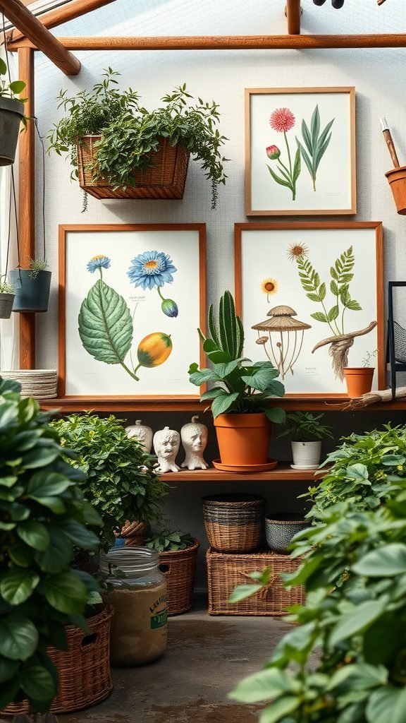 Botanical prints displayed in a cozy room with greenery and wooden shelves.