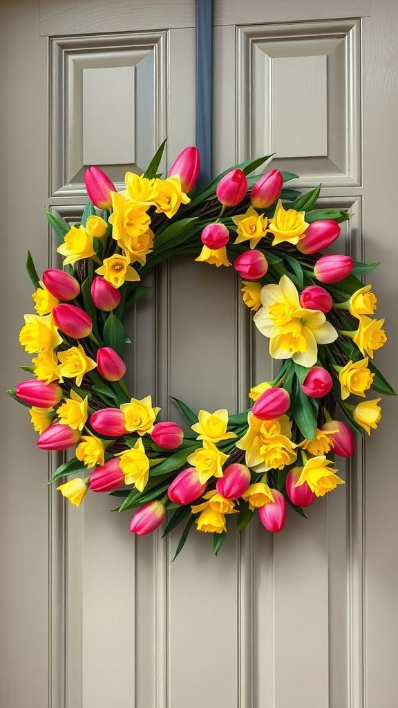 A vibrant wreath made of pink tulips and yellow daffodils on a front door.