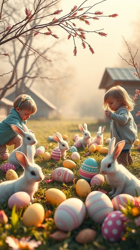 Children playing with bunnies and Easter eggs in a sunny garden