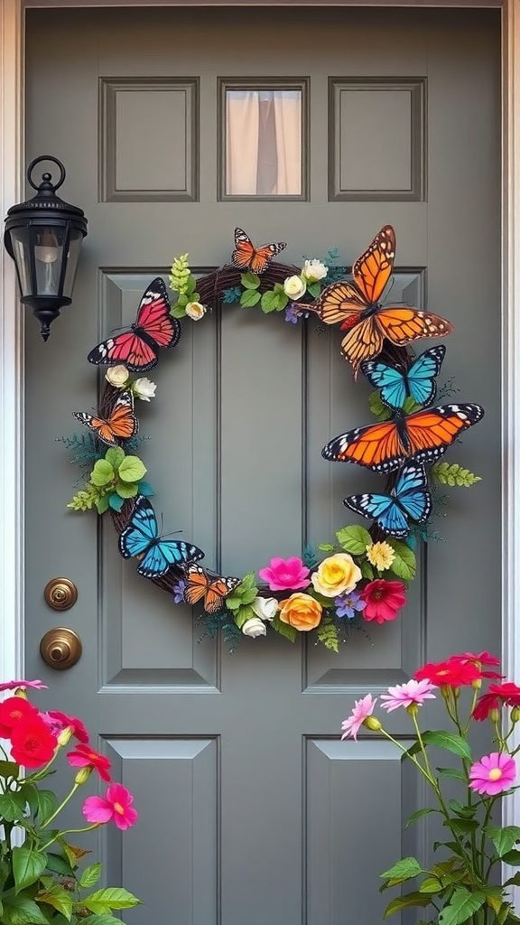 Colorful butterfly garden wreath on a front door with flowers at the base
