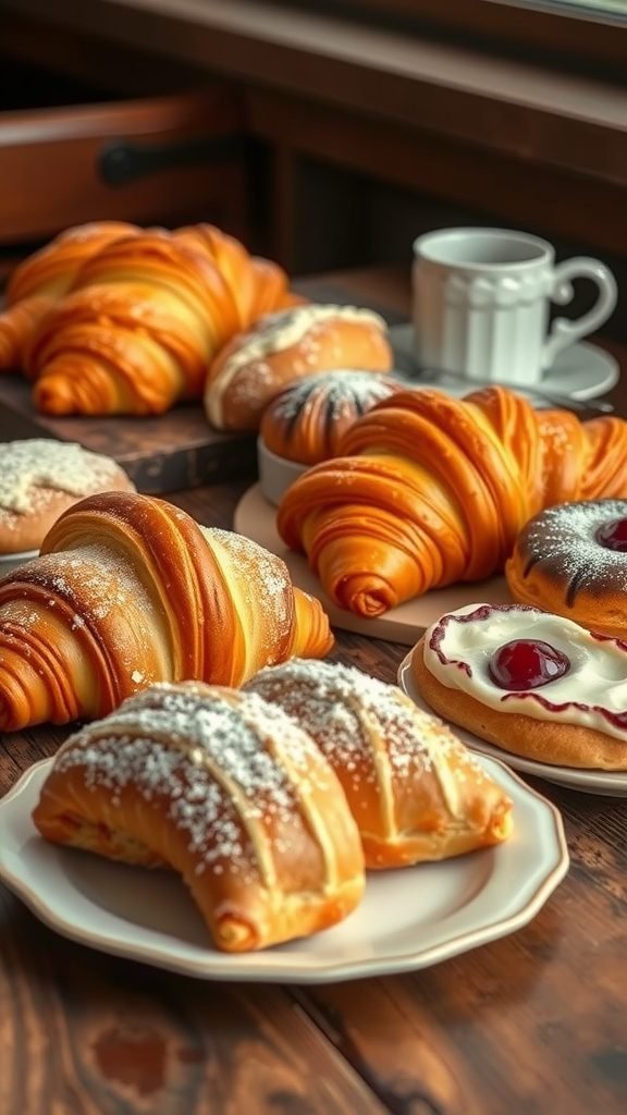 A variety of breakfast pastries including croissants, sweet rolls, and a cherry topped pastry on a wooden table.