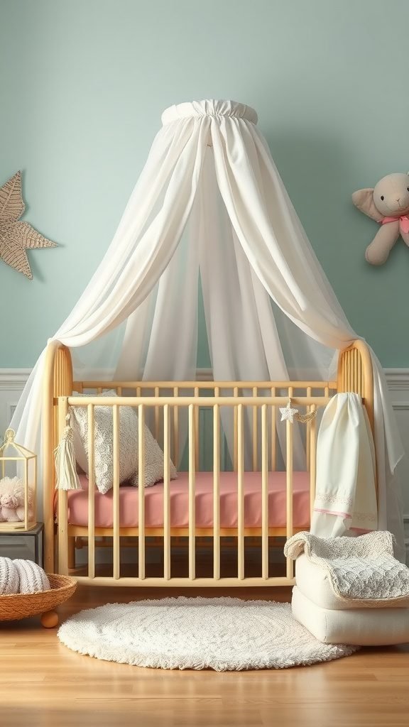 A cozy baby room featuring a wooden cradle with a white canopy, soft pink bedding, and decorative elements.
