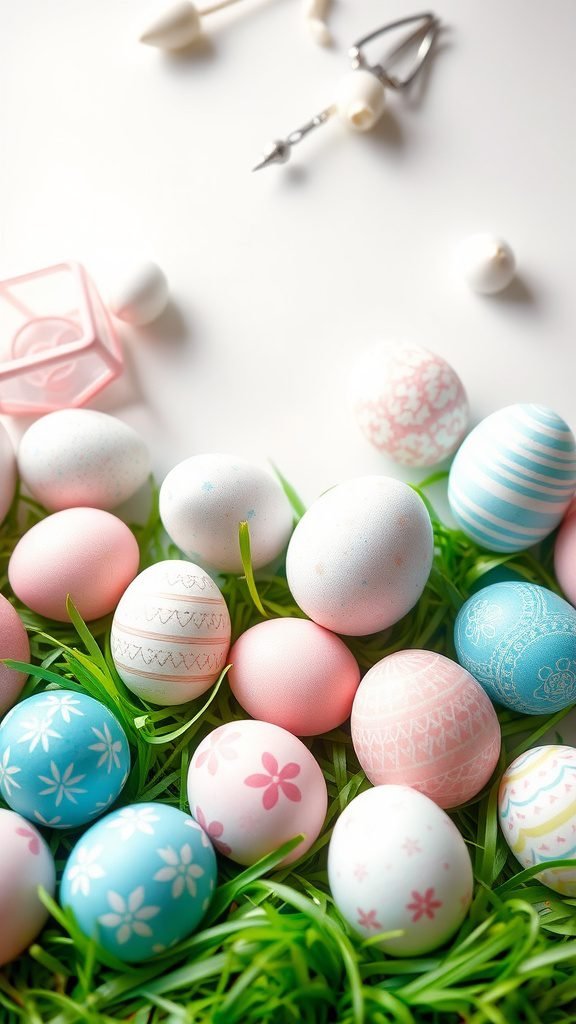 Colorful Easter eggs with charming patterns on green grass