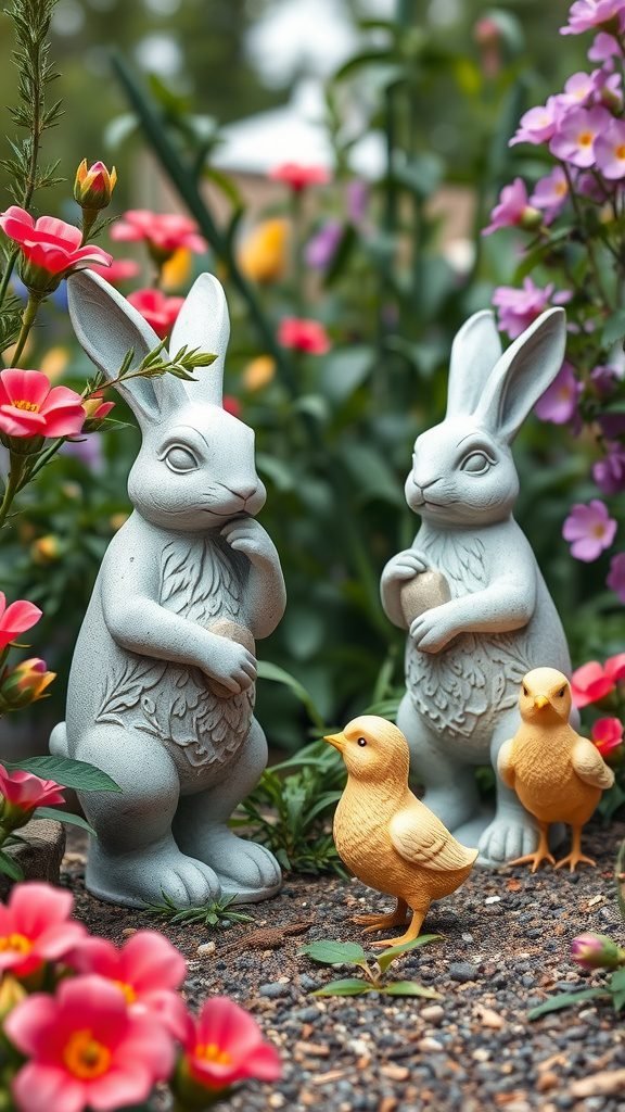 Charming garden with two grey rabbit statues and colorful flowers