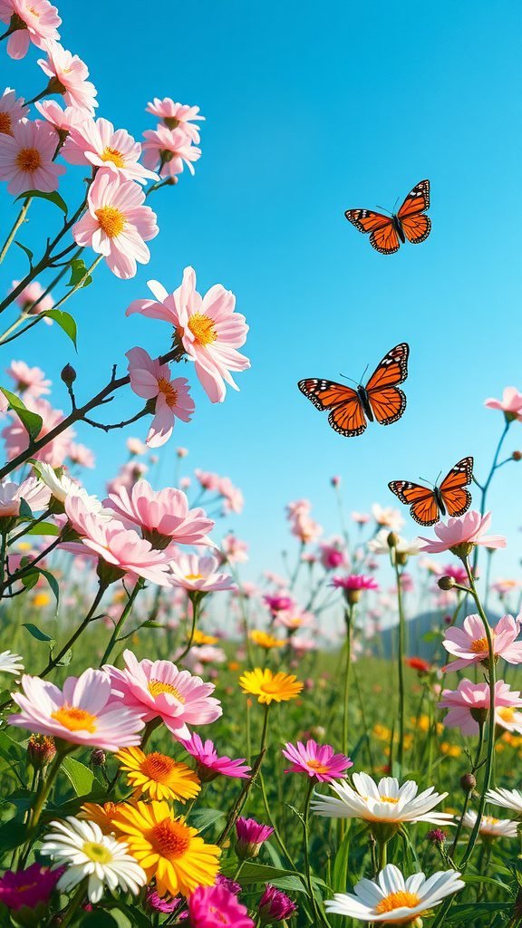 A vibrant spring landscape with flowers and butterflies against a blue sky.