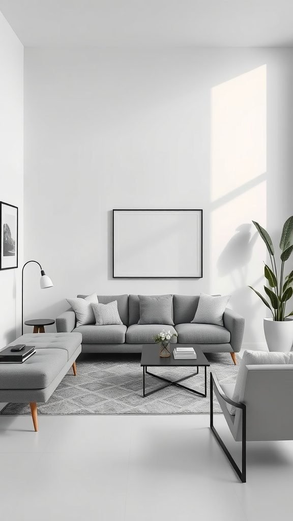 Stylish minimal living room featuring a grey couch, coffee table, and large plant, showcasing a modern and clean aesthetic.