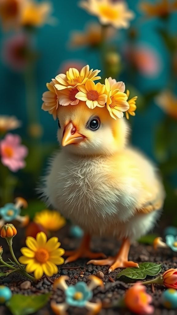 A cute chick wearing a flower crown, surrounded by colorful flowers.