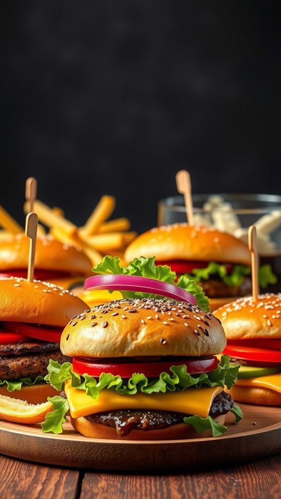 A close-up of classic burgers with fresh toppings and fries